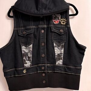 Rocawear Black/Camo Denim Vest  Detachable Hoodie Size 2X Sleeveless Blk
